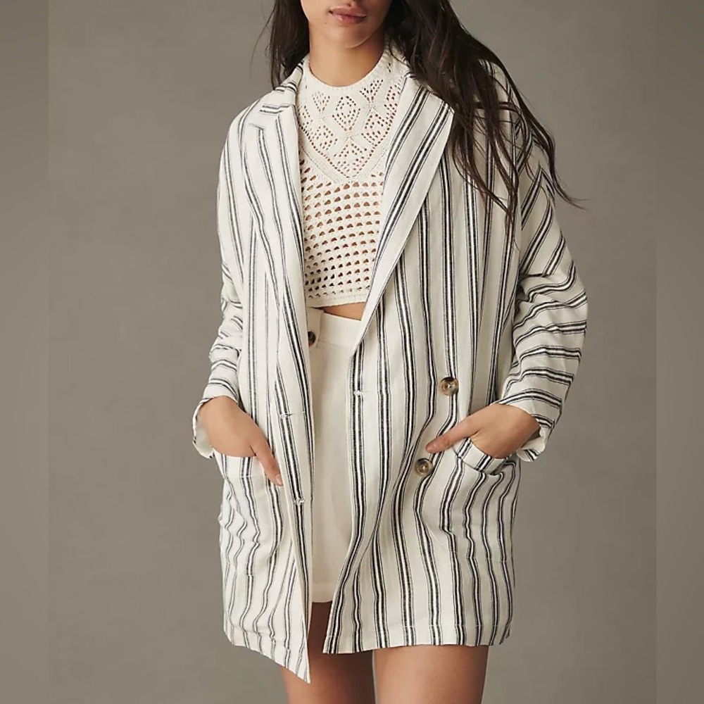 NWT Anthro Pilcro Linen Dolman Sleeve Striped Black White Women's Blazer XSmall